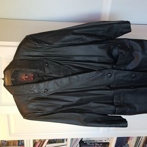 Long black leather coat.